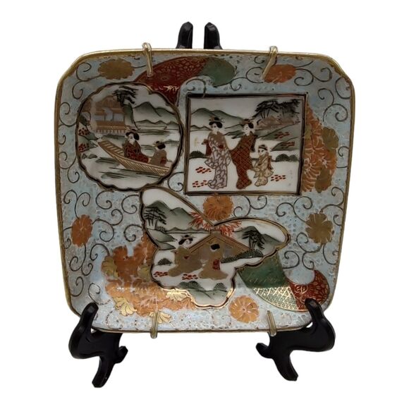 Hand Painted Macau Cloisonne Porcelain Satsuma Blank 3 Scenes Japanese Village - Picture 3 of 12